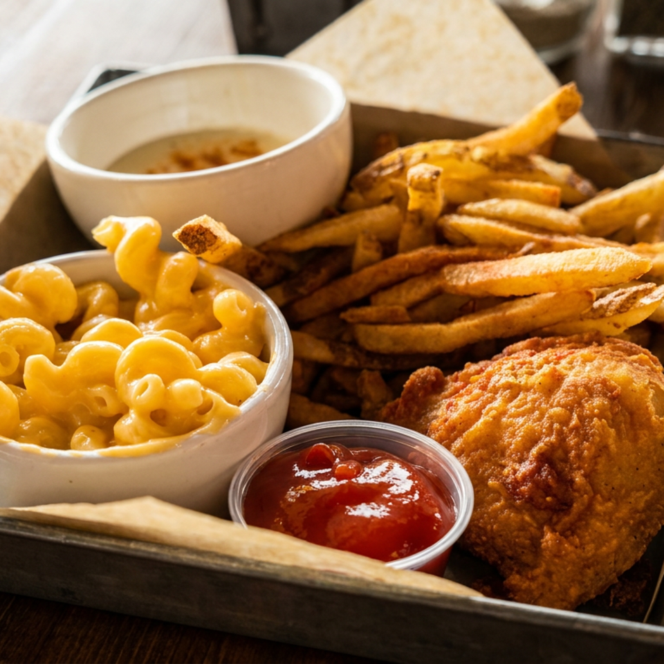 A metal tray holds fried chicken, french fries, macaroni and cheese, ketchup, and a dipping sauce.
