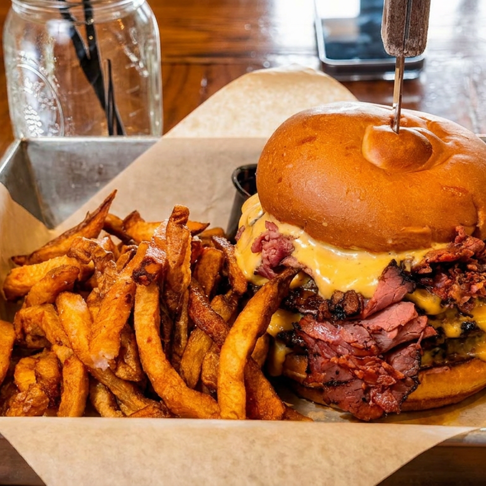 A large burger with pastrami and melted cheese, served with a side of golden fries.