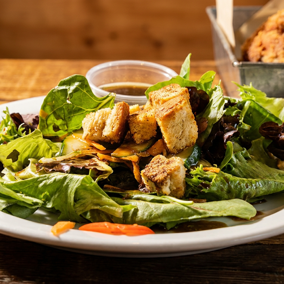 Fresh garden salad with croutons, tomatoes, and dressing on a white plate, with fried food in background.