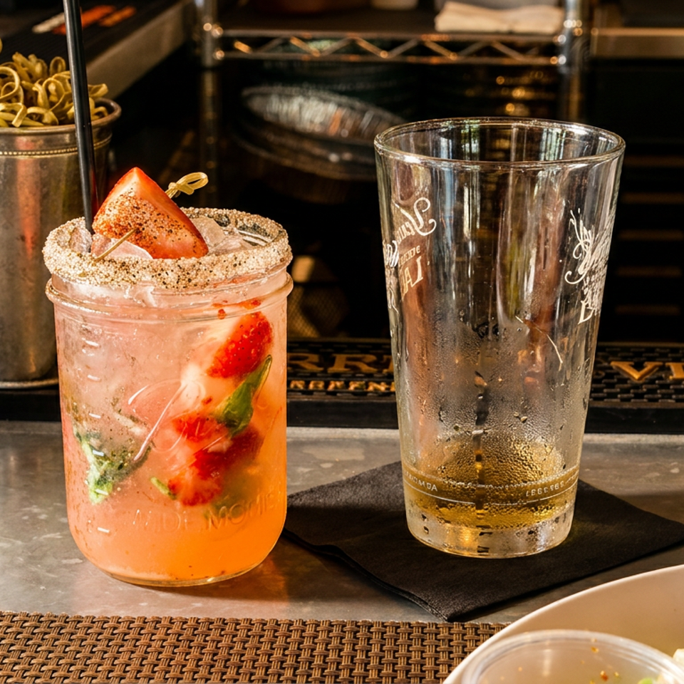 A strawberry cocktail in a mason jar and an empty glass sit on a bar.