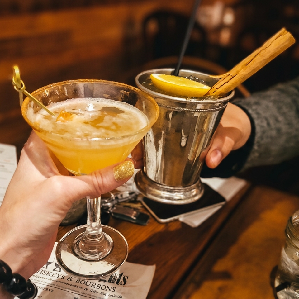 Two people clinking glasses, one a martini and the other a metal cup with a cinnamon stick.
